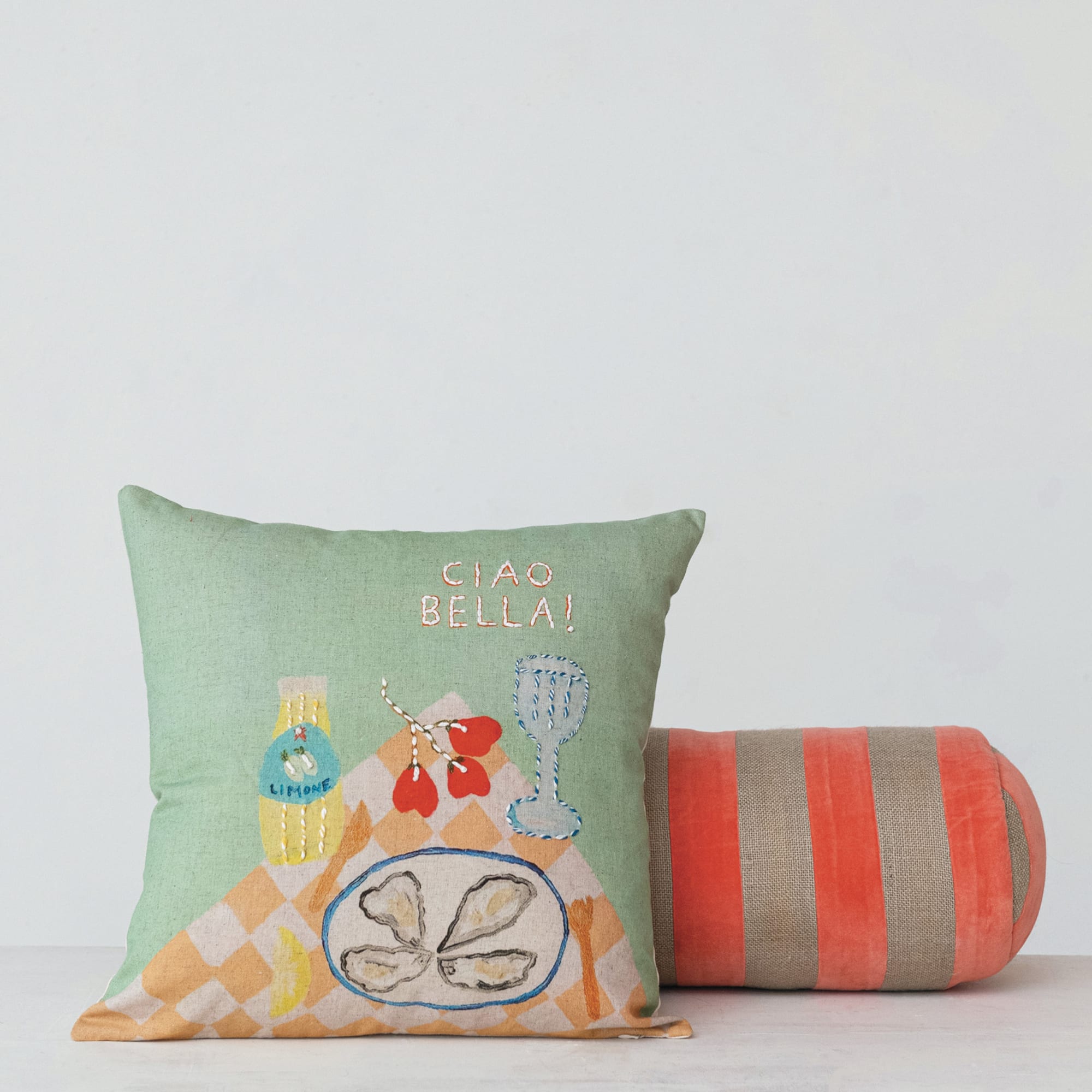 Hello Honey® Pink & Gray Stripes Cotton Velvet & Jute Bolster Pillow